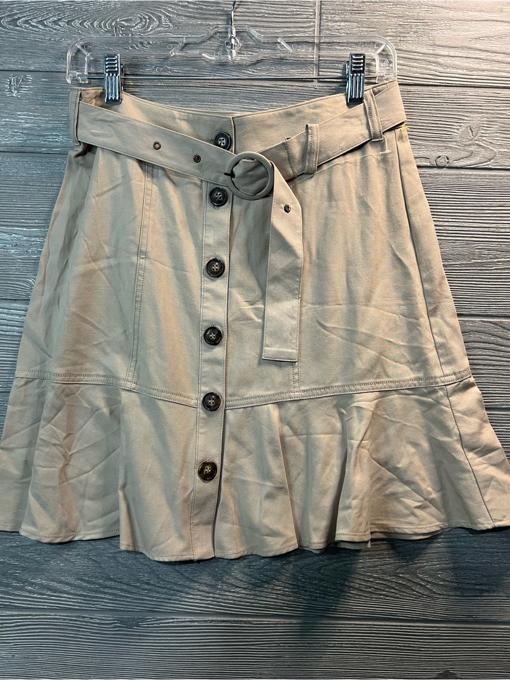 Button-Front Ruffle Hem Skirt with Belt - Beige